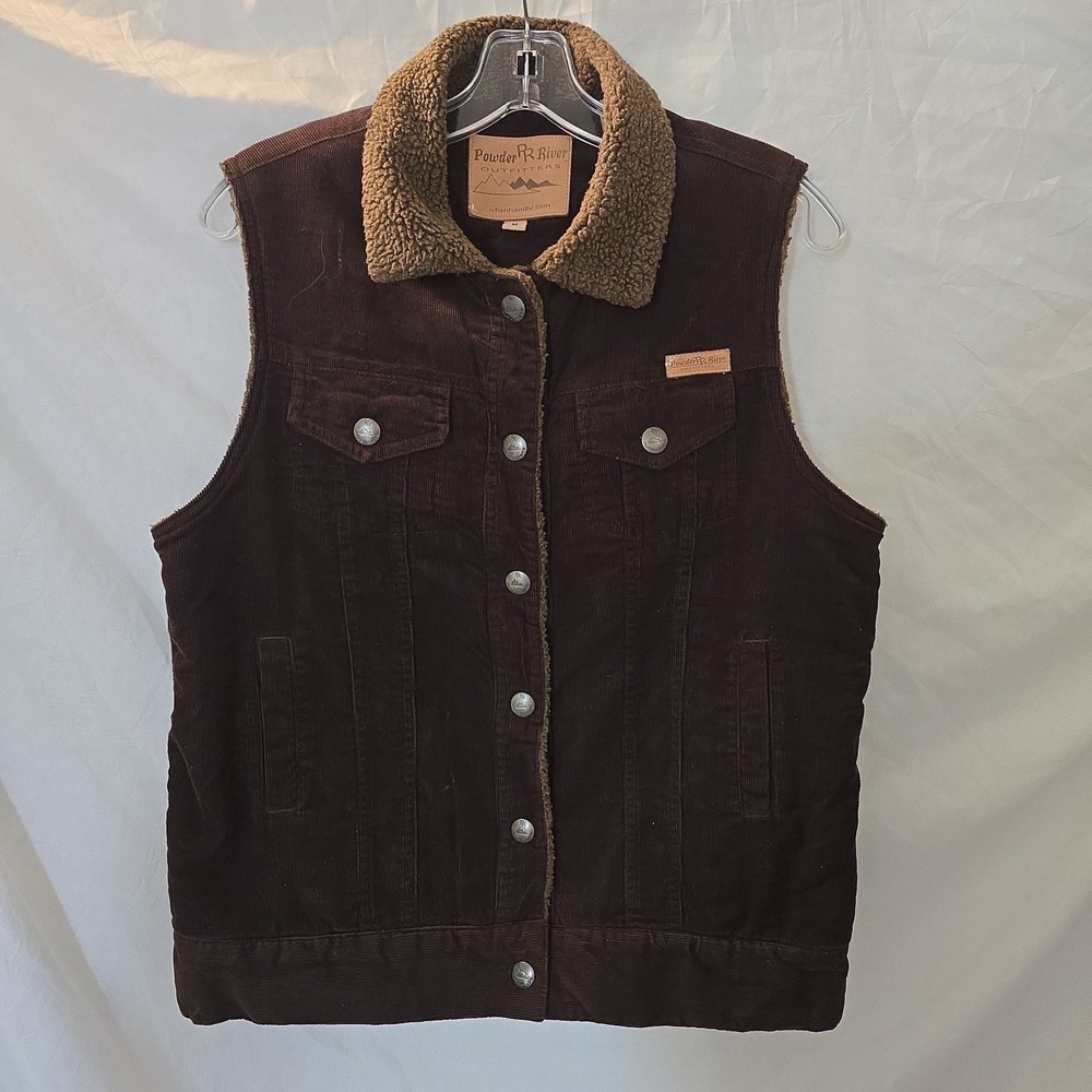 Powder River Outfitters Women's Snap Front Corduroy Vest Sherpa Lined Brown Sz M